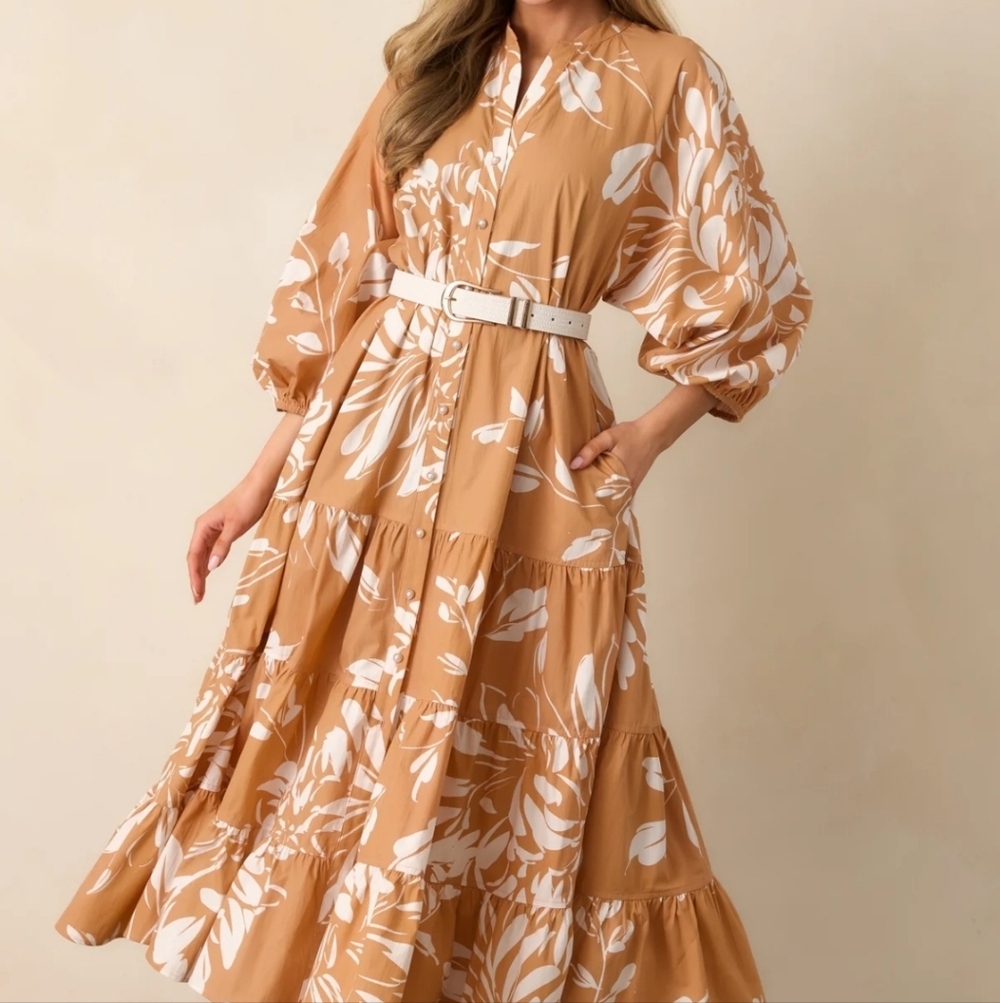 Prosperina Cream And BROWN 100% Maxi Dress Size XS (Oversized) NWT - Picture 4 of 4